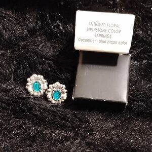 Antiqued Floral Birthstone Earrings - Blue Zircon